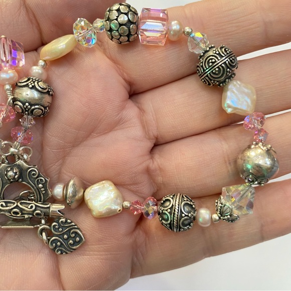 Tres Jolie Pale Pink Crystal Pearl Sterling Silver Bali Beads Toggle Bracelet - Picture 9 of 12
